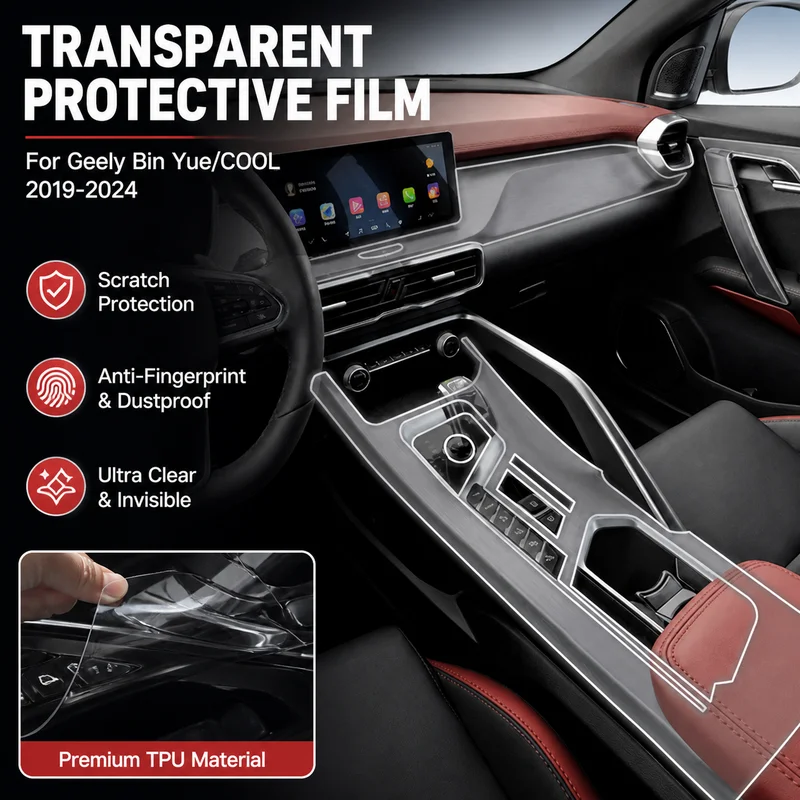 For Geely Bin Yue/COOL 2019-2024 TPU Transparent Protective Film for Center Console Screen Gear Shift Interior Decoration