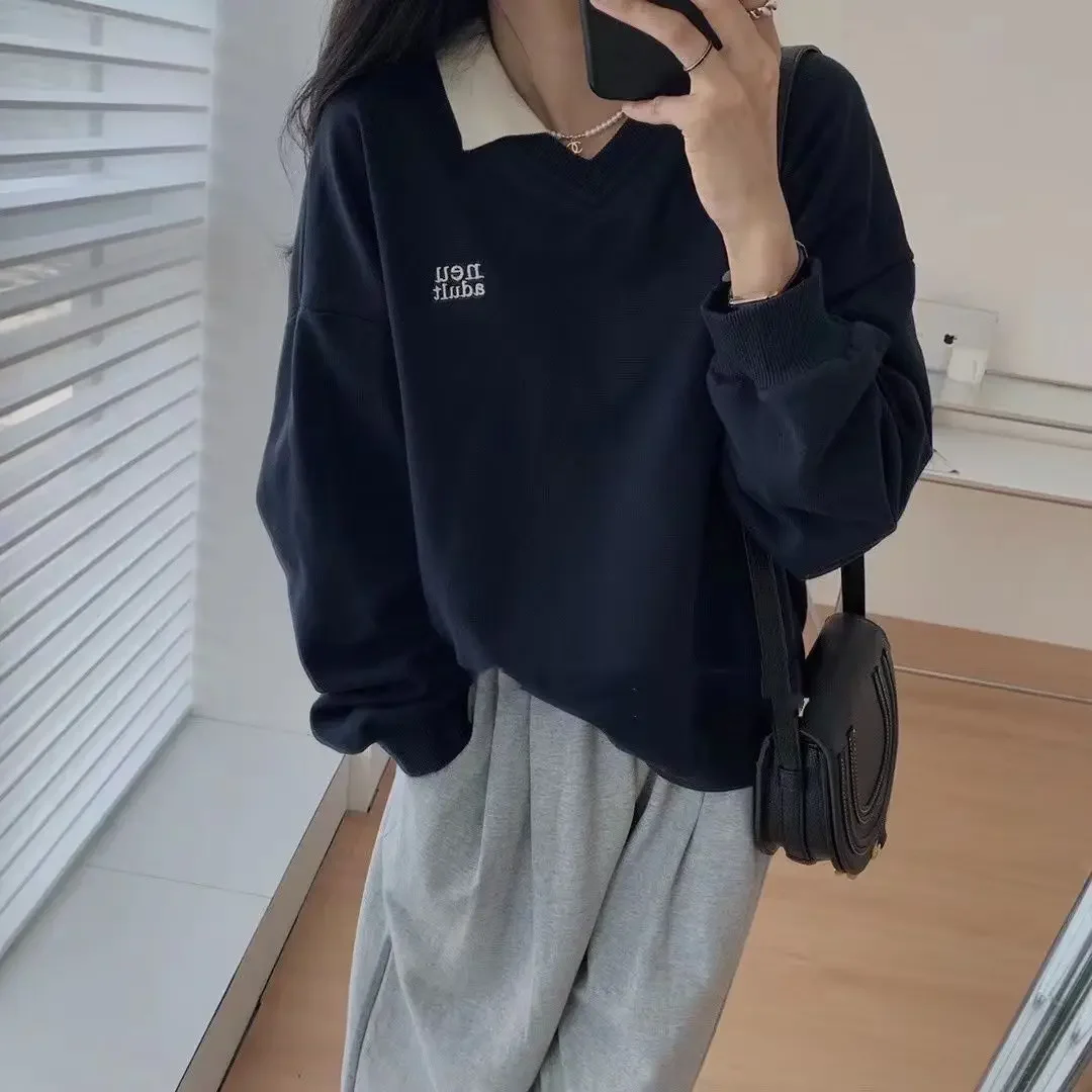 Polo Collar Beau Sle Shoulder Hoodless Hoodie Women's Spring Autumn and Winter 2023 New Popular Small Long sleeve Slimmin...