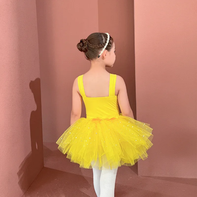 Vestido de Ballet de manga corta para niñas, conjunto de falda de lentejuelas de baile de algodón, trajes de práctica amarillos, leotardos de ballet, body