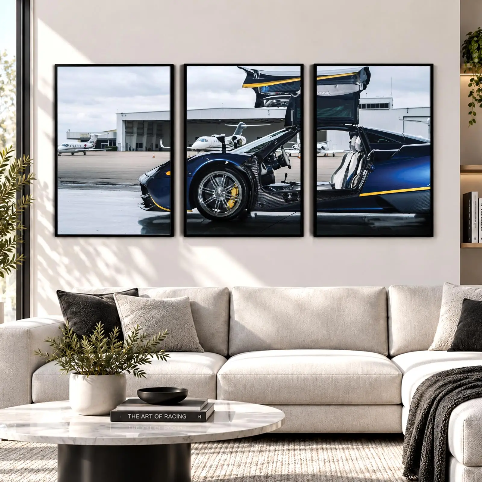 Supercar Inside Aviation Hangar Painting Calligraphy Canvas Poster Set Wall Artwork for Bedroom Living Room Decorative Prints