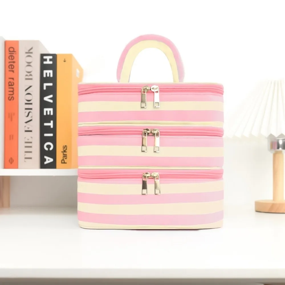 Polyester Multi-Layer Cosmetic Bag Large Capacity Macaron Color Striped Toiletry Bag Handheld Waterproof Zipper Makeup Bag