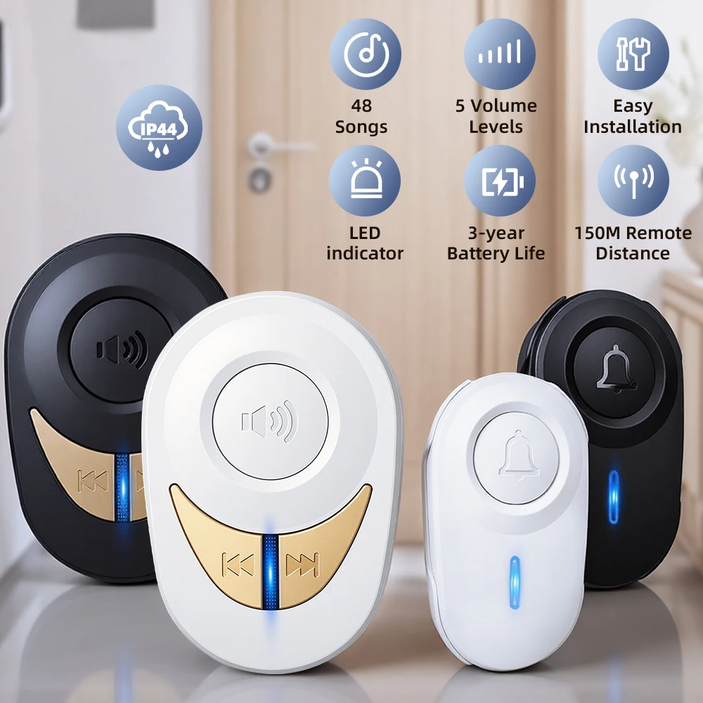 جرس الباب اللاسلكي مقاوم للماء ترحيب الرنين جرس الباب المنزلي 150 متر جرس الباب عن بعد إنذار الأمن 48 أغنية