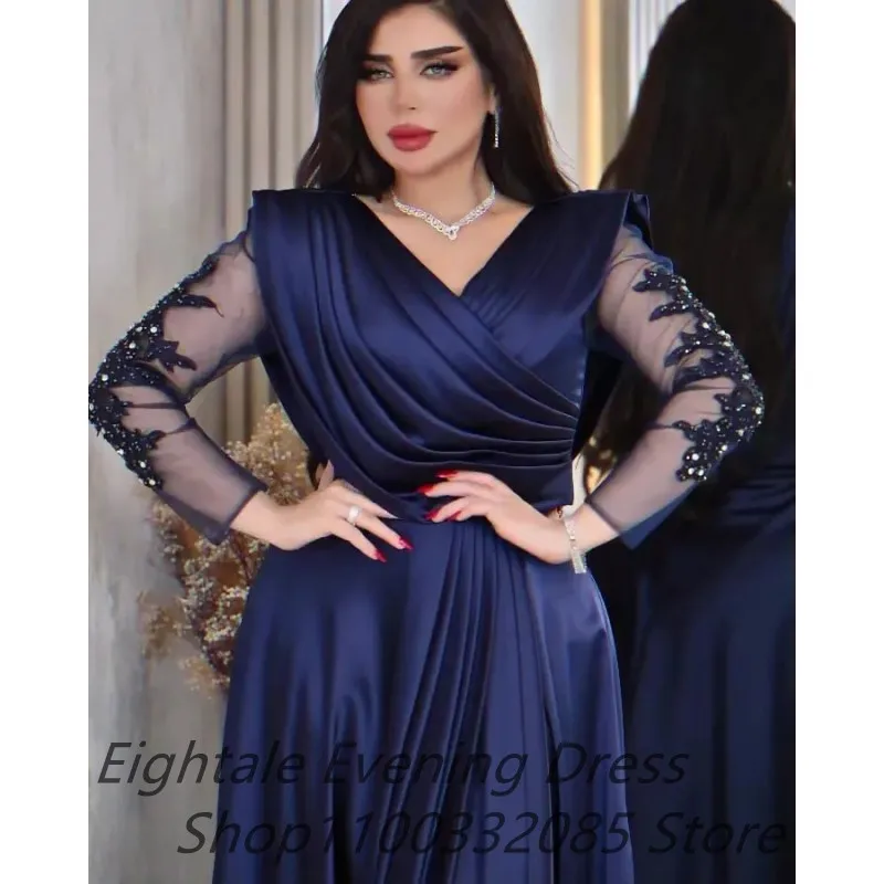 Eightale 2023 Dubai Satin A Line Evening Dress V Neck Long Sleeve kaftan Floor Length Beaded Prom Dress Dubai Formal Party Gown