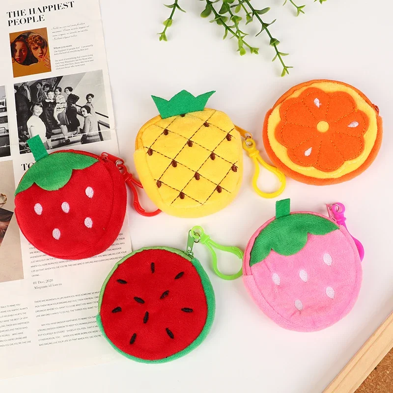 Cute Fruit Shape Plush Coin Purse, melancia, abacaxi, laranja, bolsa de morango, chaveiro bolso, Kid's Coin Pouch Wallet, 1Pc