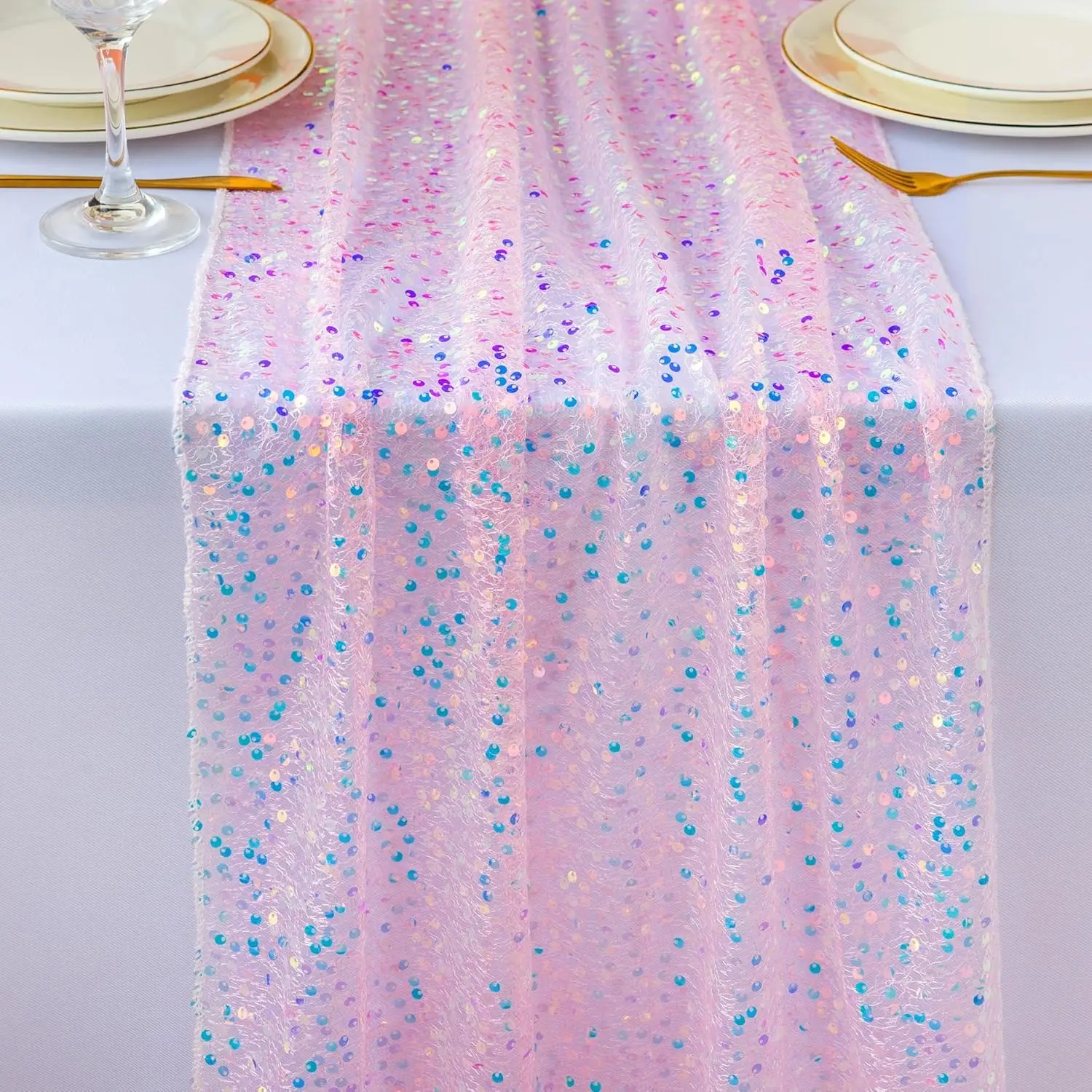 Glitter Iridescent Sequin Table Runner,Soft Wedding Dining Table Decoration For Bridal Baby Shower Girl Birthday Wedding Party
