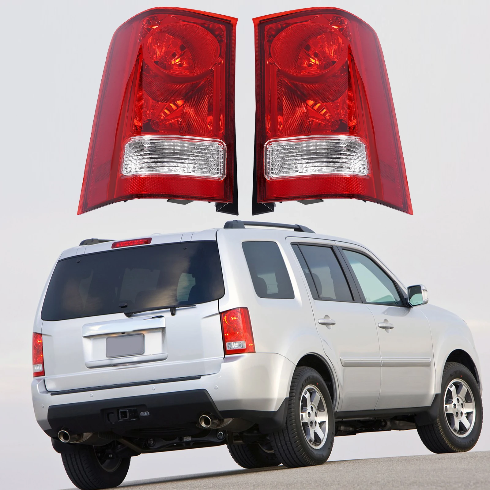 

Комплект задних фонарей (левый+правый) для Honda Pilot 2009-2015, галогенные, красные прозрачные линзы, черный корпус, АБС-пластик