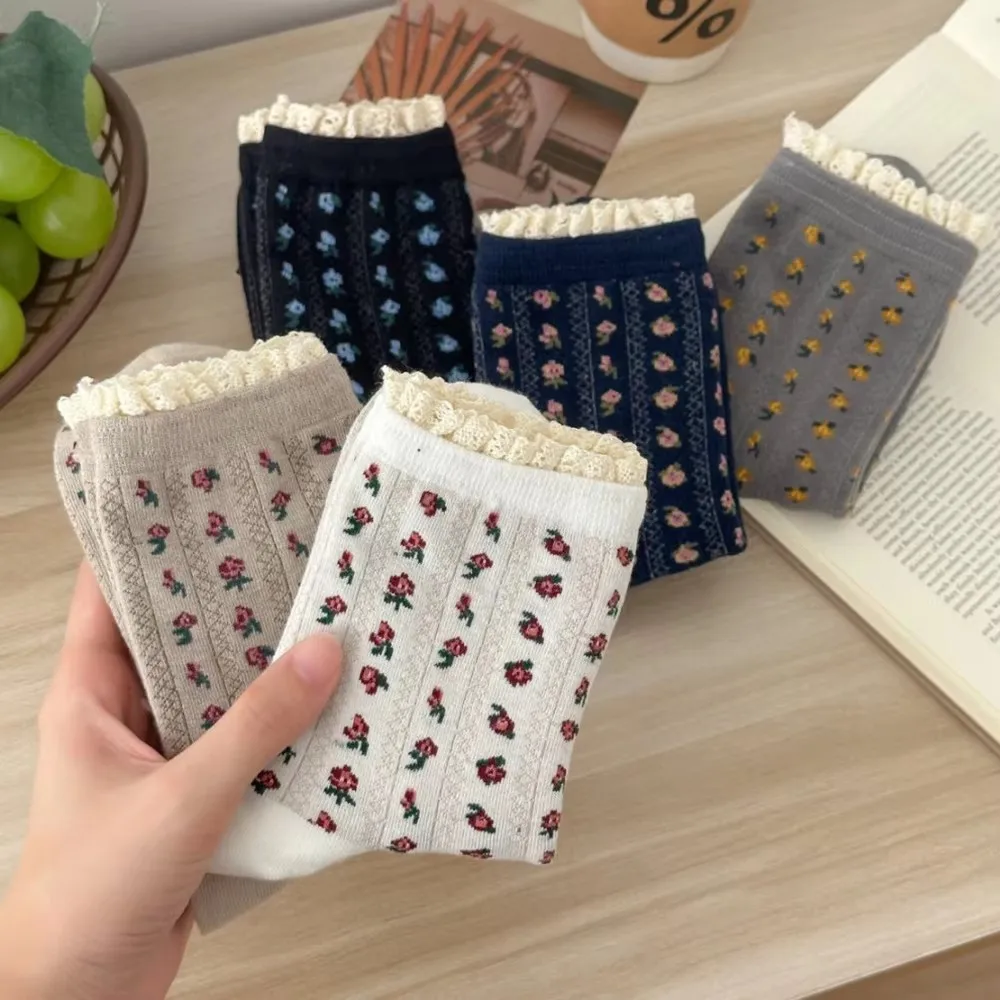 5 Paar süße süße florale Spitzenrand-Damensocken im japanischen Stil, modisch, lang, Herbst-Winter-Streetwear, Happy Socken Damen – Detail 4