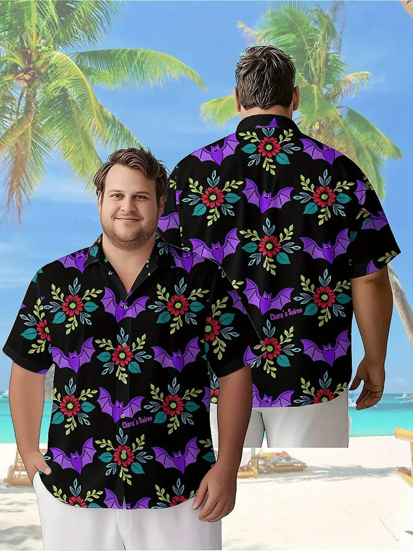 Men's Plus Size Hawaiian Shirts Halloween Bat Flower pattern,Premium Comfort Youth Clothes,Streetwear Y2K Tops