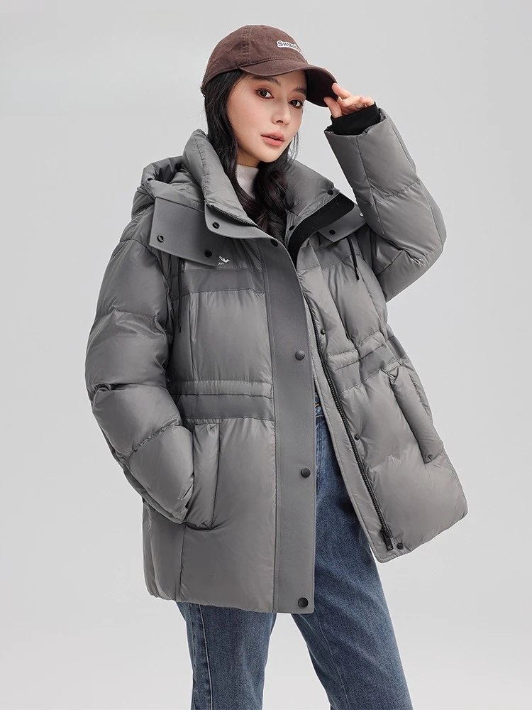 여성용 다운 재킷 2025 겨울 신상 롱 후드 웨이스트 트렌치 코트 패션 덕 다운 코트