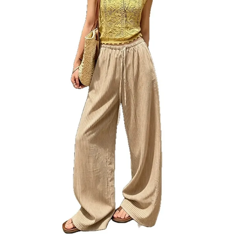 Women Vertical Stripe Wide Leg Pants Drawstring High Waist Loose Casual Floor Length Trousers