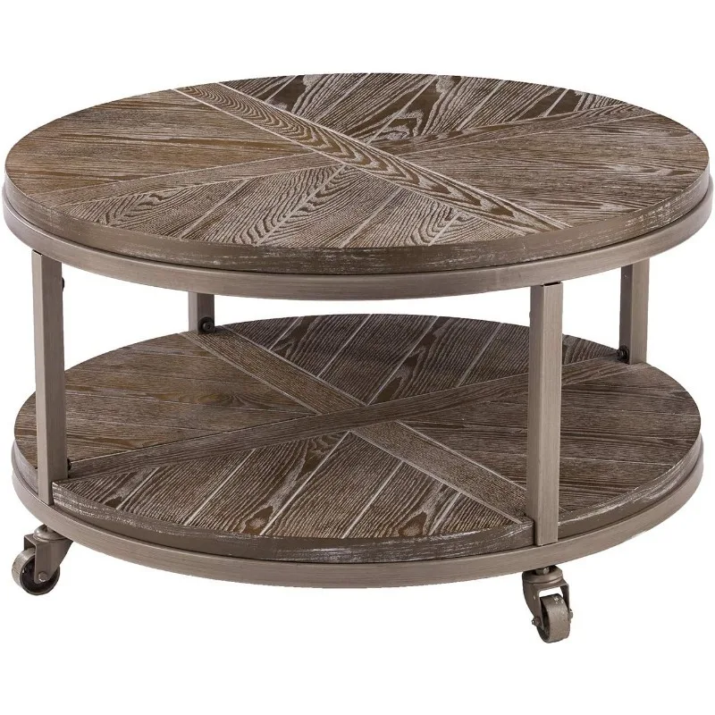 Urban Industrial Round Coffee Table, Goes Anywhere Round Coffee Table W/ Display Shelf with Wheels for Easy Mobility