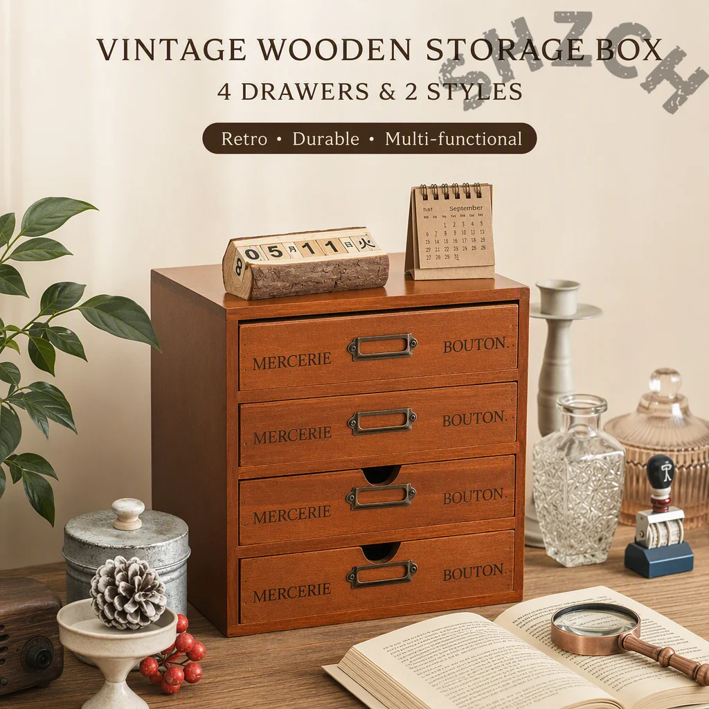 Vintage Wooden Desktop Organizer Shelf with 1–4 Adjustable Drawers for Stickers, Cosmetics, and Stationery