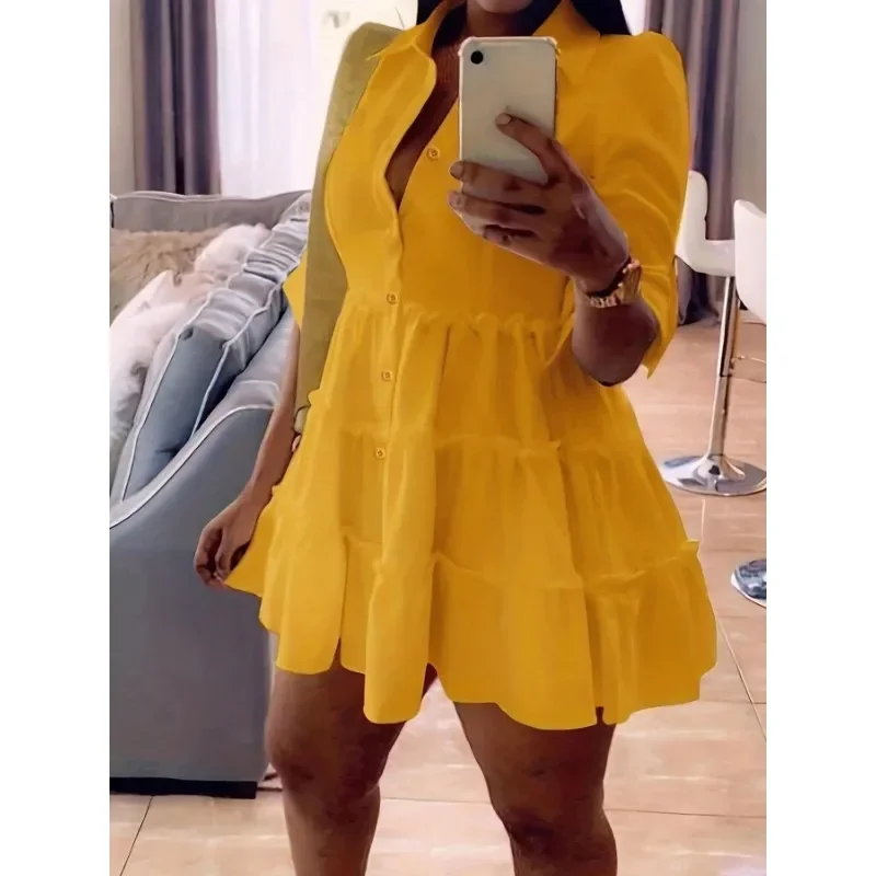 

Плюс размер 1XL-5XL женское повседневное многослойное платье-рубашка с кружевными украшениями и лацканами, плиссированное подол