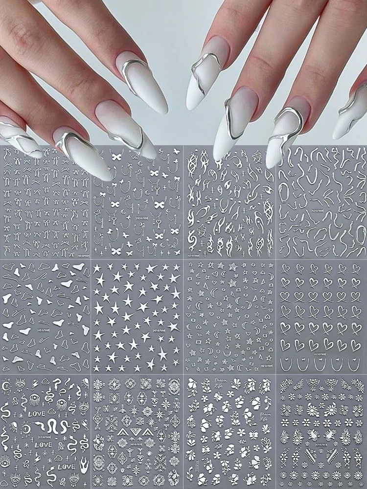 12 Stück 3D-Flammen-Nagelsticker in Bronzefarbenem Metall und Silber, Y2k-Stern-, Mond- und Schlangen-Design, selbstklebende Folien, französische Streifenlinien, Schleifen-Motiv, Maniküre-Abziehbilder