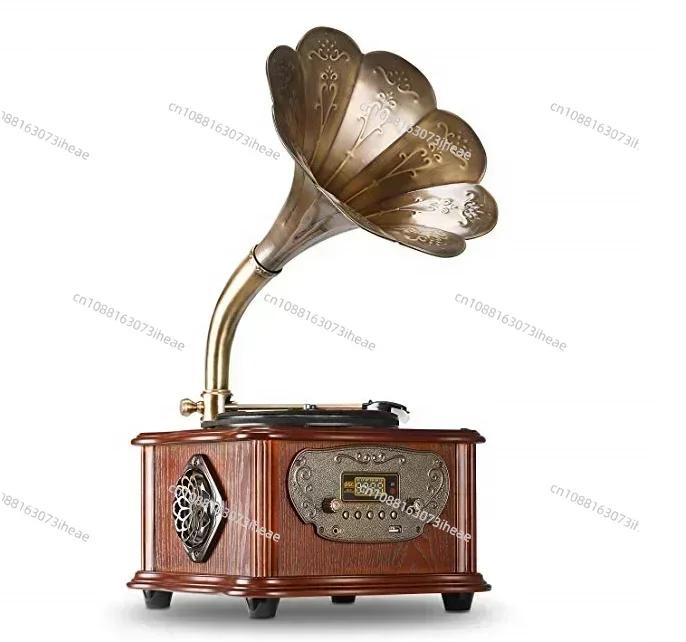 SZHFJCTH Retro All-In-One Turntable Record Player Vintage Phonograph Gramophone Bluetooth USB Output Copper Horn Nostalgic Vinyl