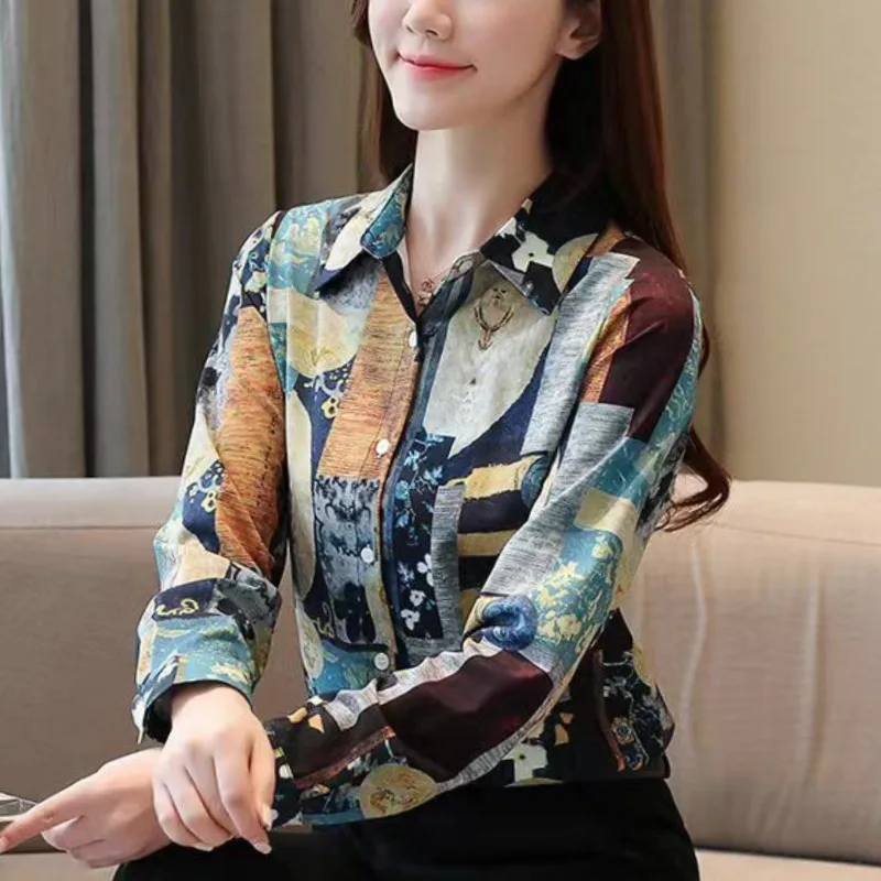 2024 New Korean Retro Spring Women\'s POLO Collar Printed Fashion Versatile Single Row Multi Button Long Sleeve Loose Shirt Top