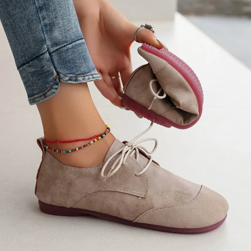 New Women's Flats Fashion Suede Vulcanized Shoes Lace Up Leather Retro Casual Shoe Plus Size Round Head Shoes for Women Durable