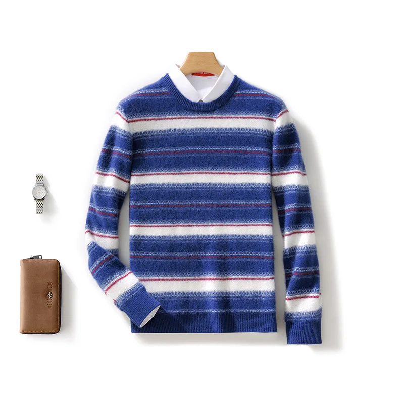 Autumn Winter 100% Merino Wool Men's O-Neck Striped Sweater Pullover Cashmere Long Sleeves Casual Color-Blocked Clothing Top
