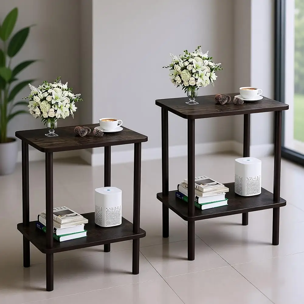 

Набор из 2 деревянных приставных столиков, полки для хранения, в богемном стиле, идеально подходит для небольших помещений, отделка под рустикальный дуб