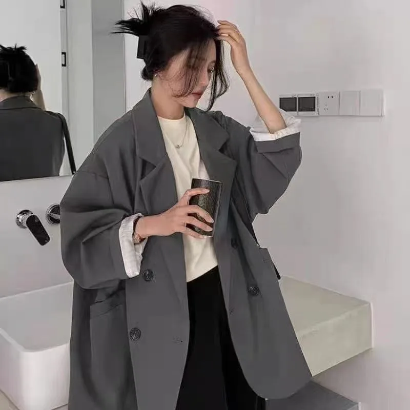 Small Suit Jacket Women Spring Autumn Fashion Pockets Long Sleeve Loose Solid Color Double-breasted Casual Tops Women's Jacket