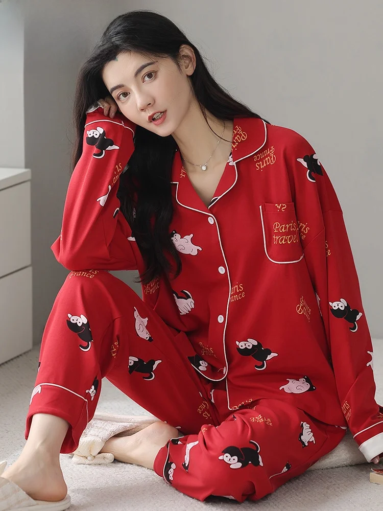 赤いウェディングパジャマ長袖純綿春秋新カップル花嫁お祝いホーム服-2-点セット