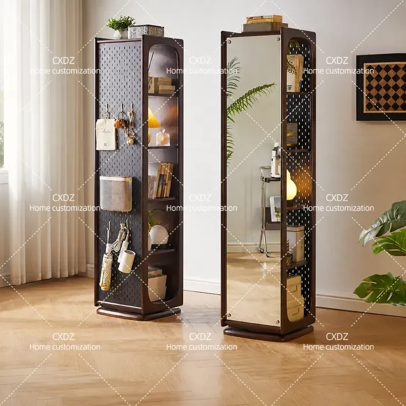 Solid Wood Full Length Mirror Rotating Cabinet Medium Antique Style Multi Functional Storage Rack for Magazine and