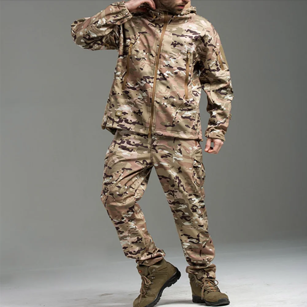 

Outdoor Shark Skin Soft Shell Warm Autumn and Winter Flocking Underarm With Zipper Comprehensive Tactical Training Jacket Suit