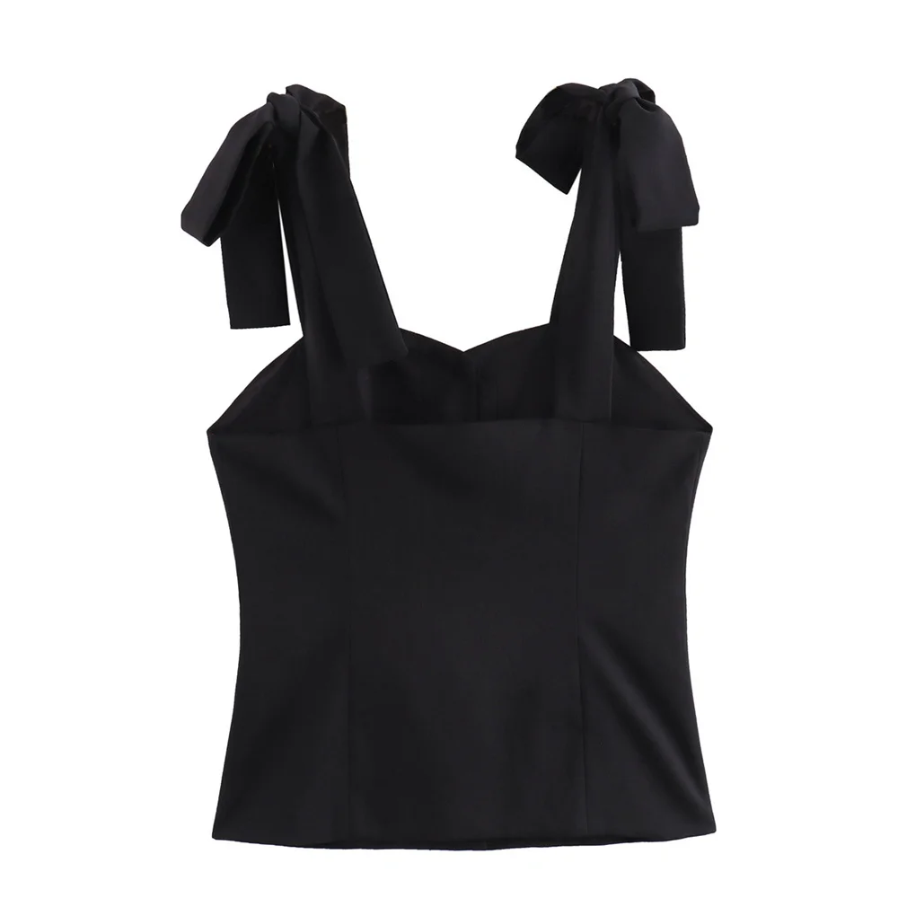 여름 신상품 여성 빈티지 보타이 슬림핏 솔리드 컬러 스퀘어넥 슬리브리스 탑