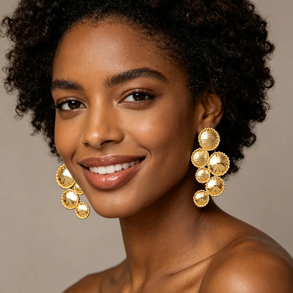 18K vergoldetes, rundes, strukturiertes Ohrring-Ring-Set, luxuriöser afrikanischer Schmuck für Frauen, Partygeschenk – Detail 5