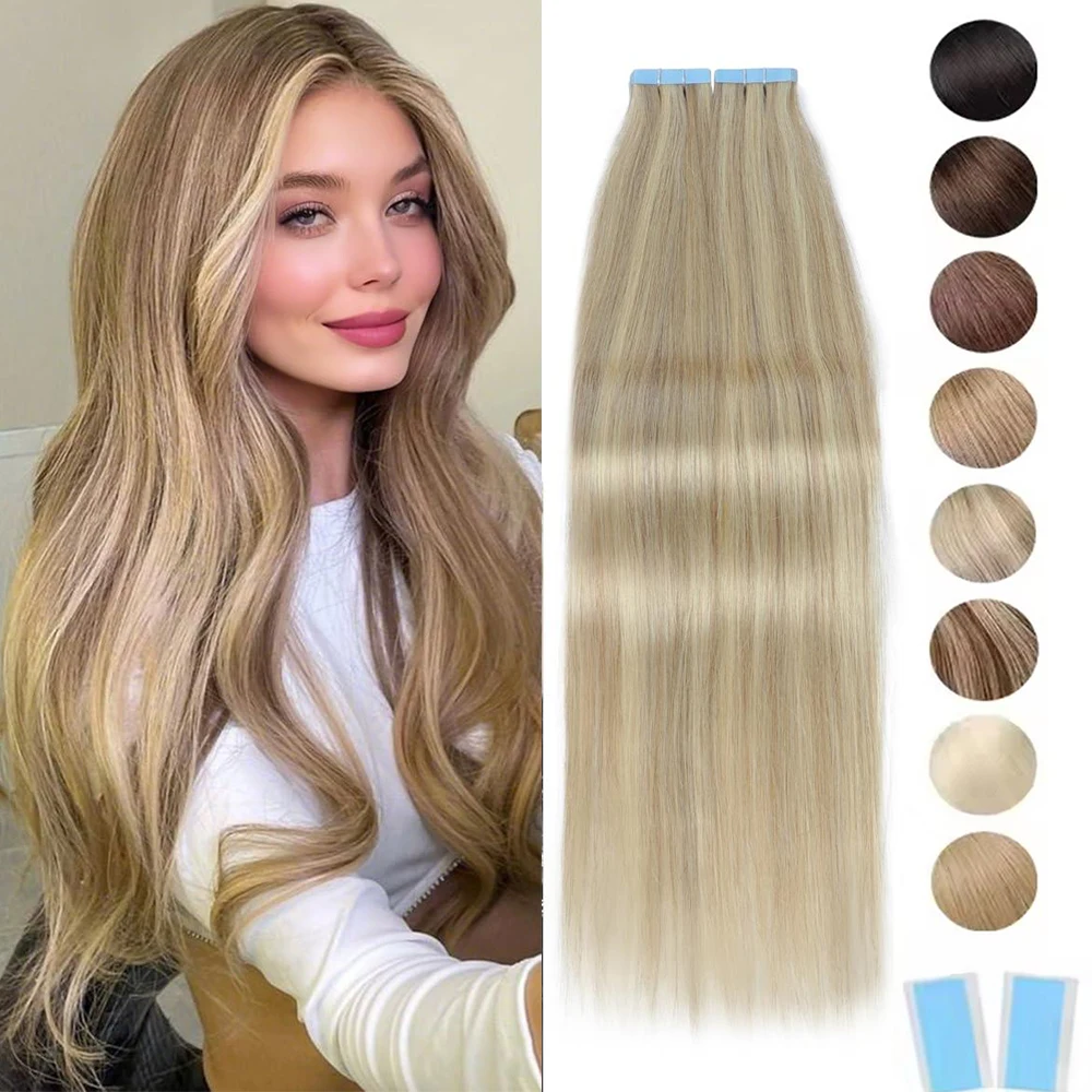 

Бразильские 100% натуральные волосы Remy, прямые бесшовные накладные пряди на лентах, блонд, набор из 20 штук для полного покрытия, 12-24 дюйма