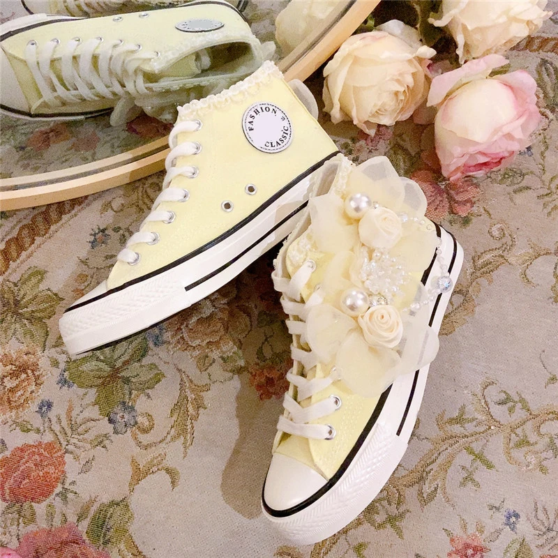 Lace Canvas Shoes Womens High Top Shoes Handmade Solid Color Tenis Feminino Yellow Casual Shoes Denim Canvas Shoes