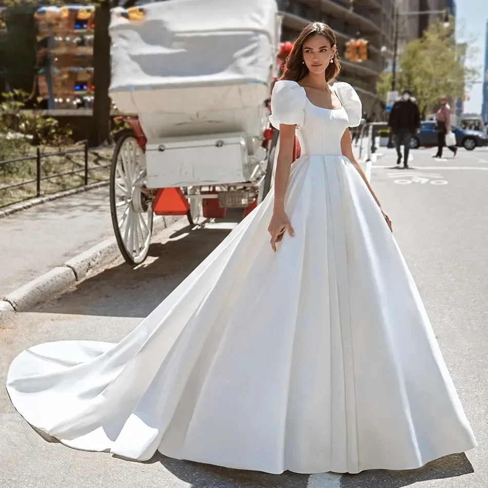 

Elegant White Satin Wedding Dress A-Line Court Train Simple Bride Gown Square Collar Puff Sleeves Customized Vestidos De Novia