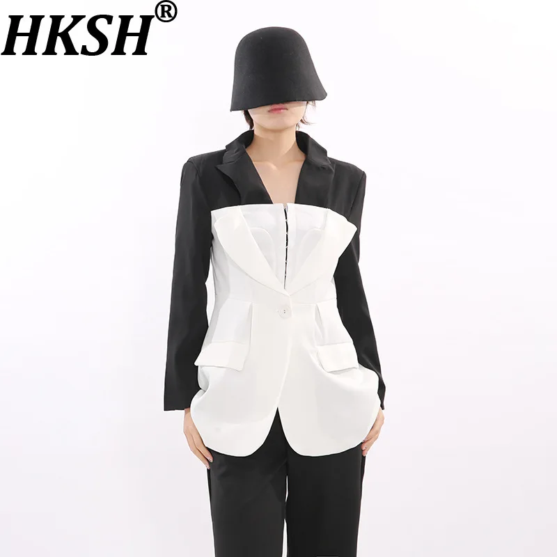 HKSH 2026 Spring Autumn New Women Blazer Color Block Waist Cinching Slim Fit Elegant Fashion Coat French High-End Jacket HK18782