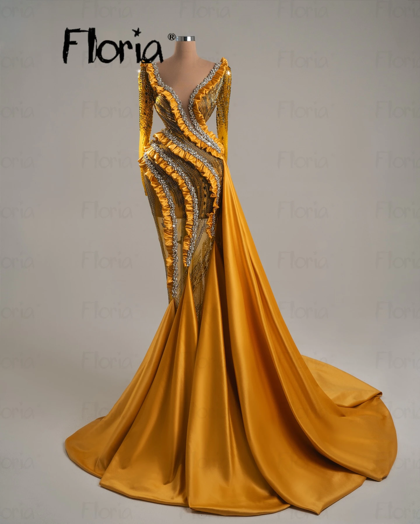 Gold Prom Dress Long Sleeves Deep V Neck Satin Sequins Appliques 3D Lace Embroidery Evening Dresses Women Wedding Party Gowns