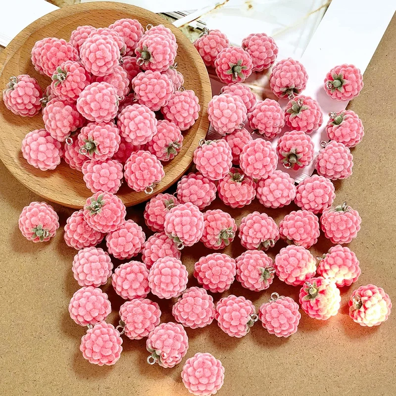 6/12/30/50pcs 3D Flocked Pink Raspberry Charms Fluffy Cute Fruit Resin Pendant for Earring Bracelet Keychain DIY Jewelry Making