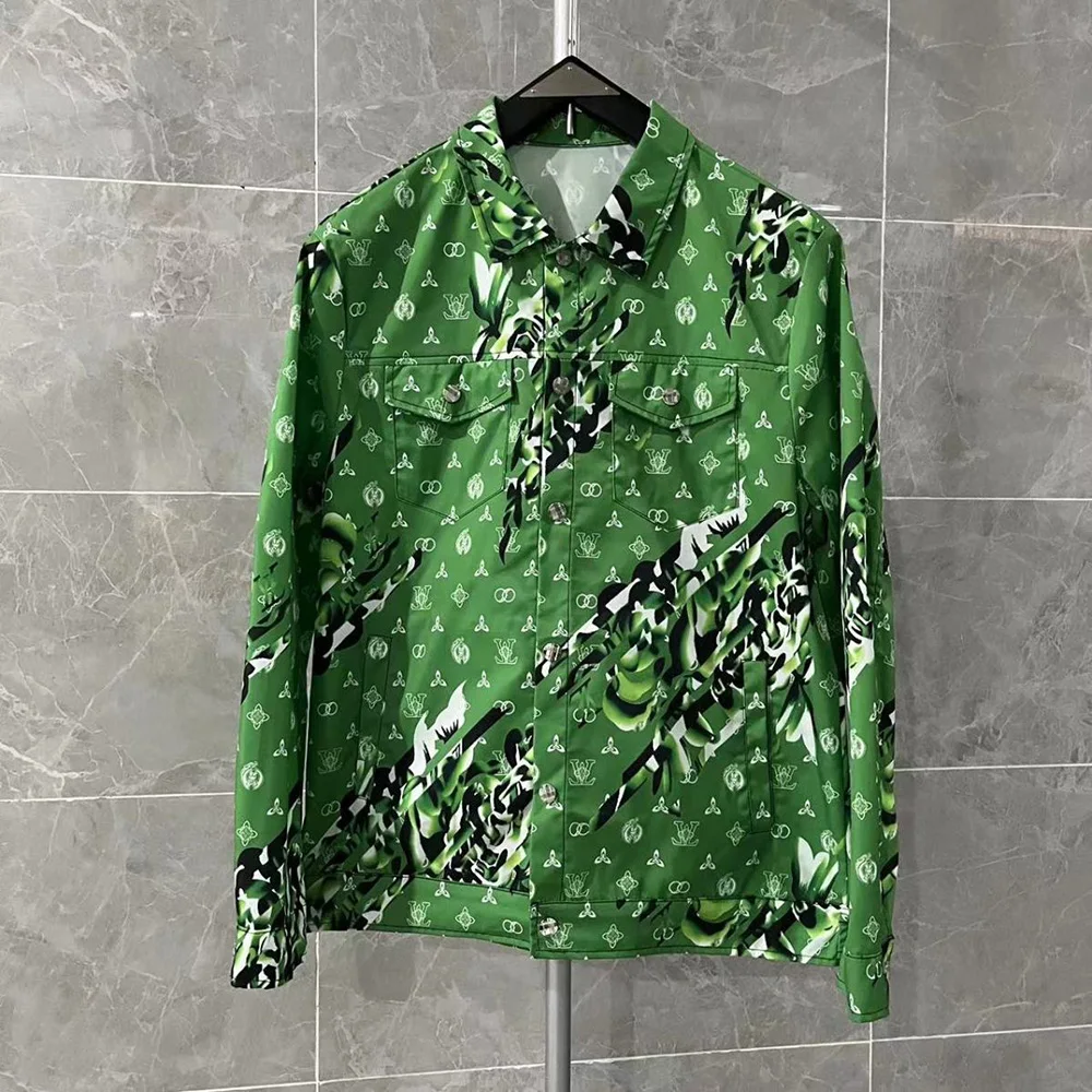 

Mens Shirts Personality Pattern Full Print Trendy Green Lapel Pocket Button Design Jacket Casual Retro chic Tops New 2024 Summer