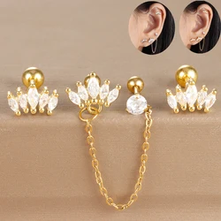 3Piece Stainless Steel Crown Double Hole Chains Cartilage Srecw Back Stud Earrings Set for Women Ear Helix Piercing Jewelry