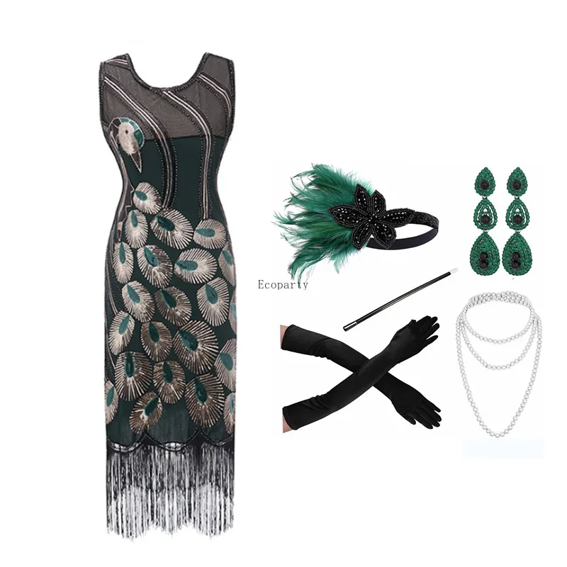 

1920s Flapper Dress Great Gatsby Party Evening Sequins Fringed Dresses Gown Dress with 20s Accessories Set Clothing for Women