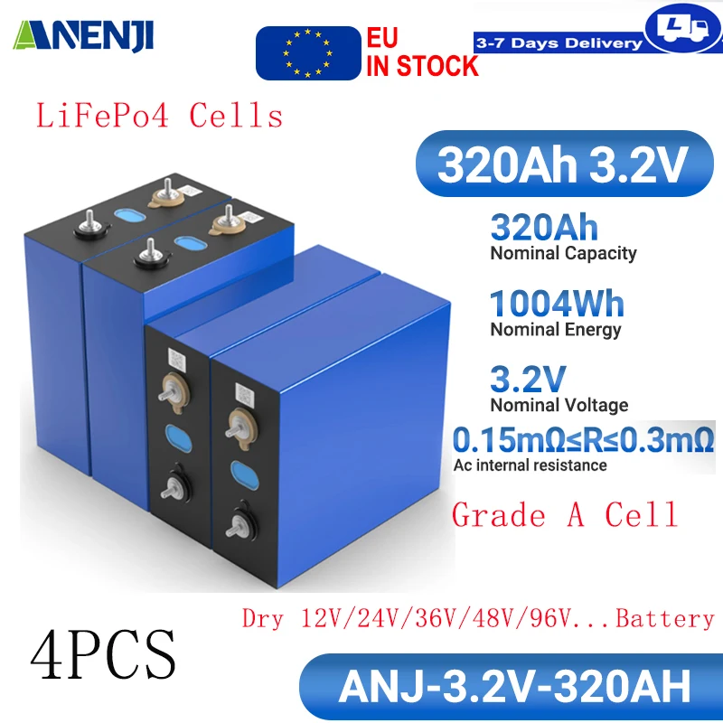 3.2V 320Ah LiFePo4 Cells 4PCS 1024Wh Grade A Cell Discharge for DIY 12V 24V 48V Electric RV Golf Car Solar Energy Rechargeable