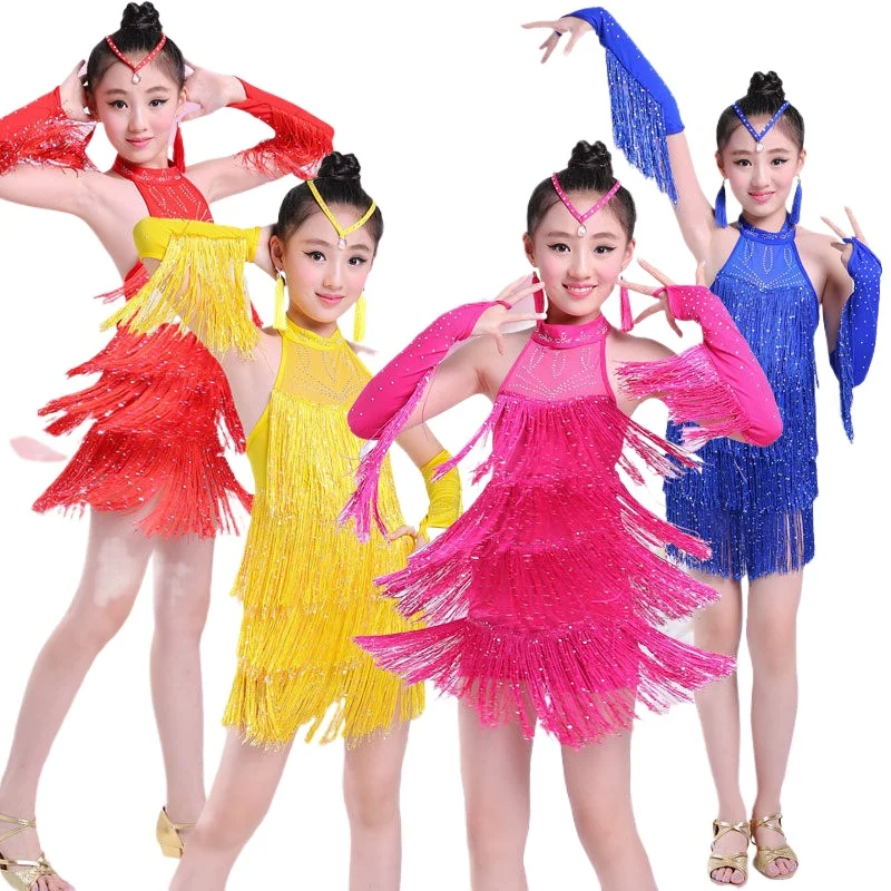 New Children's Kids Latin dance dresses girls Dress Girls' Sequins Latin dance Dress Tassel Performance Dress frange paillettes