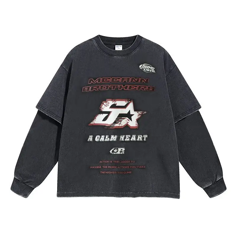 Graphic Vintage Washed Cotton Fake Two-Piece T-Shirt Black Layered Long Sleeve Top Oversized Streetwear Tee Y2K Unisex Casual