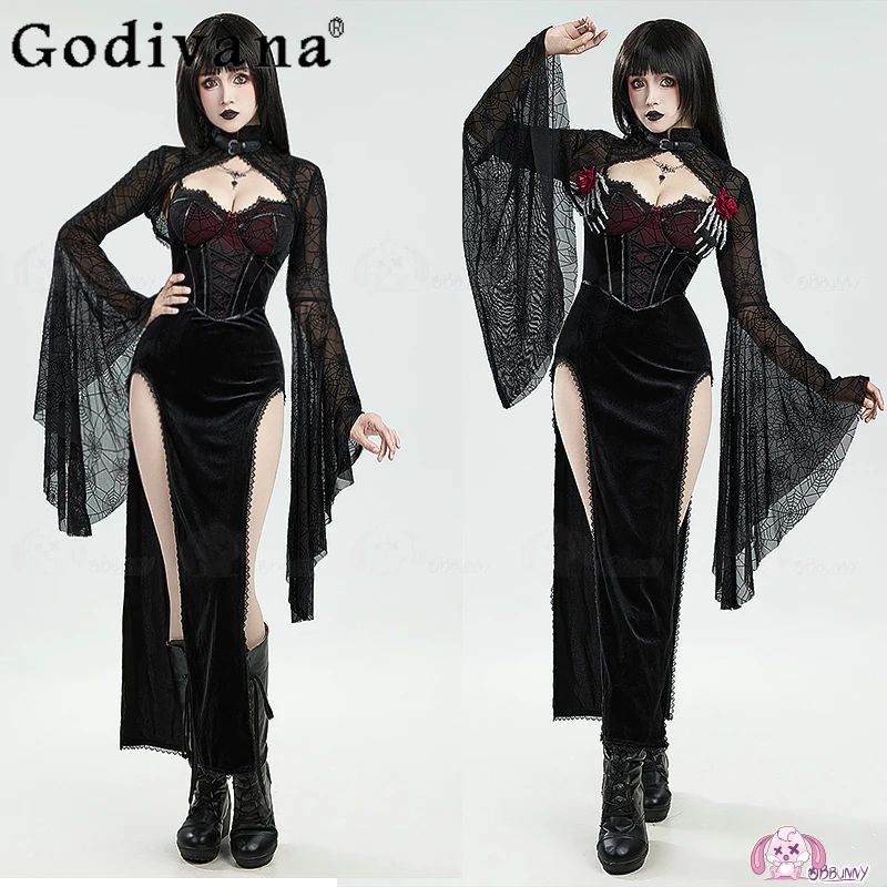 

Женское готическое платье на Хэллоуин с лунным светом и дьяволом, черное платье с разрезом вампира, женский плащ с расклешенными рукавами и паутиной с ожерельем