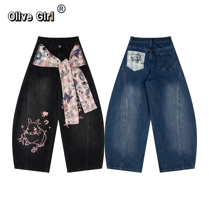 Olivegirl Denim Jeans American Retro Graffiti Scarf Straps Trousers Wide Leg Hiphop Rabbit Jeans Women's 2025 New Loose Pants