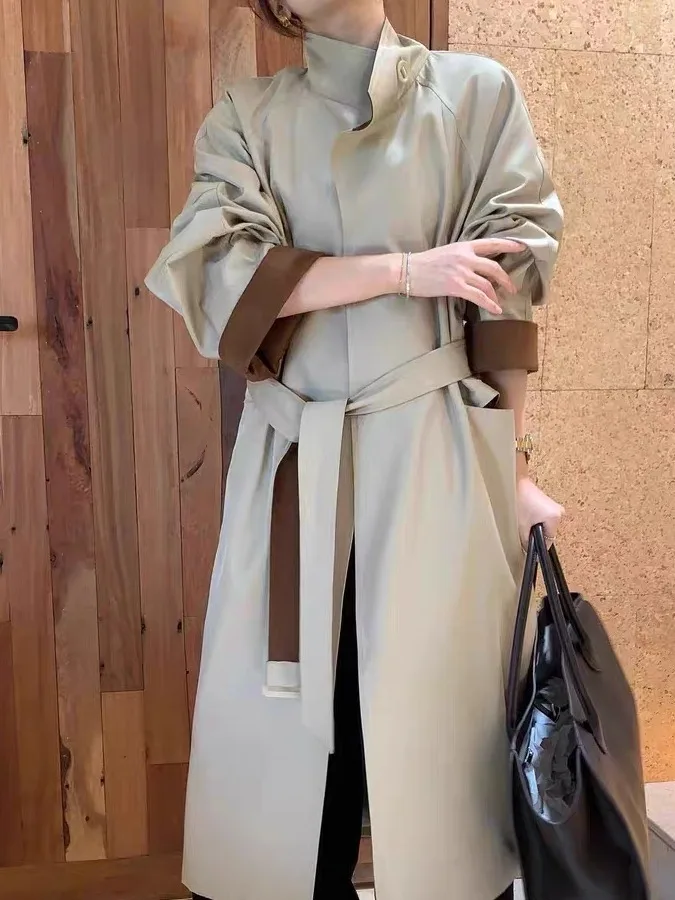 

Knee-Length Double Collar PU Leather Jaet Women's Faionable Loose Design Autumn Winter Outerwear Versatile Sli Coat
