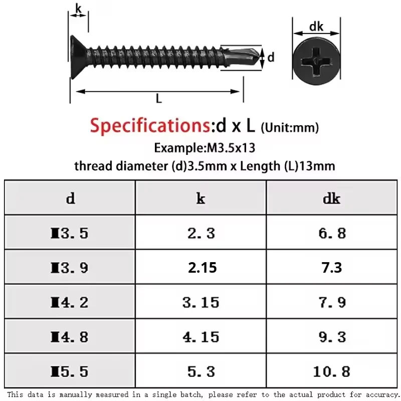 Black Stainless Steel Cross Countersunk Flat Head Self Drilling Screw M3.5~M5.5 Phillips Flat Head Tapping Screw for Sheet Metal