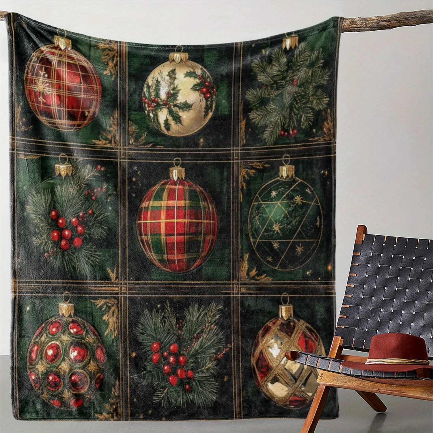 Cozy Flannel Christmas Blanket with Festive Red Fruit & Ball Print - Soft, Warm Throw for Couch, Bed, Car, Office, Camping
