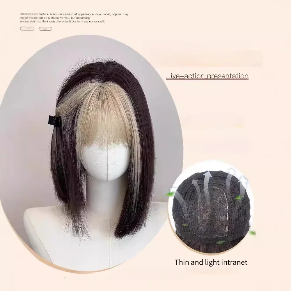 Short highlight golden Synthetic Natural Hair Wigs for Women Bob Straight with Bangs High Temperature Daily cosplay Party Wigs