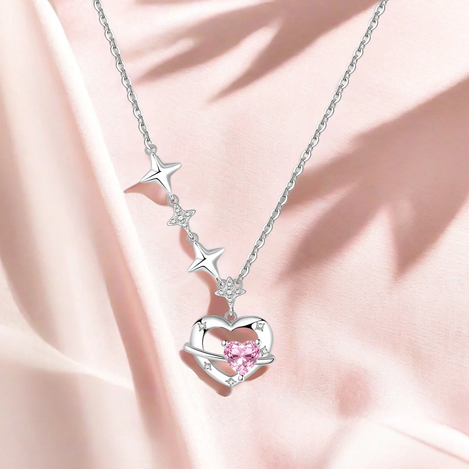 Orstarry S925 Sterling Silver Pink Love Planet Necklace for Women Birthday Original Gifts Fashion Jewelry