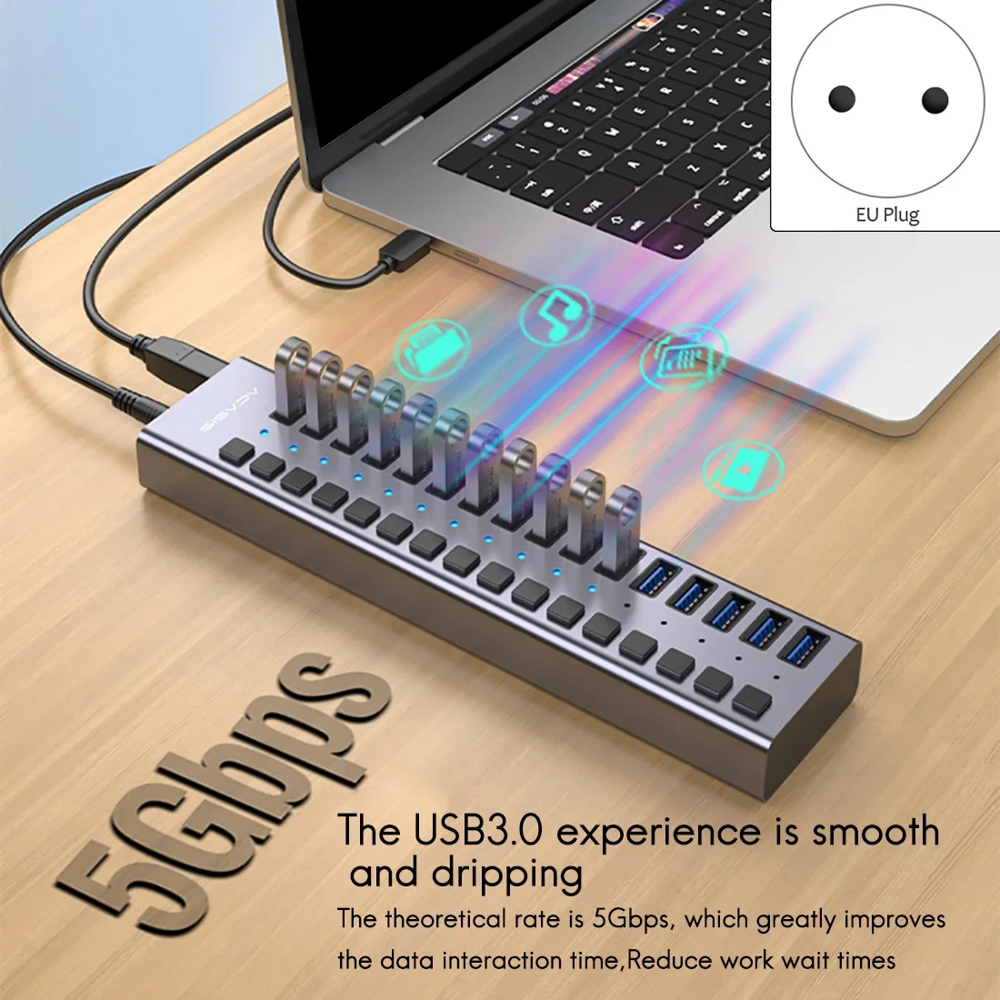 ACASIS 16-Port USB Hub USB3.0 5Gbps Multi-Function Expansion Splitter with Switch 12V 7.5A Power Adapter for Laptop PC EU Plug