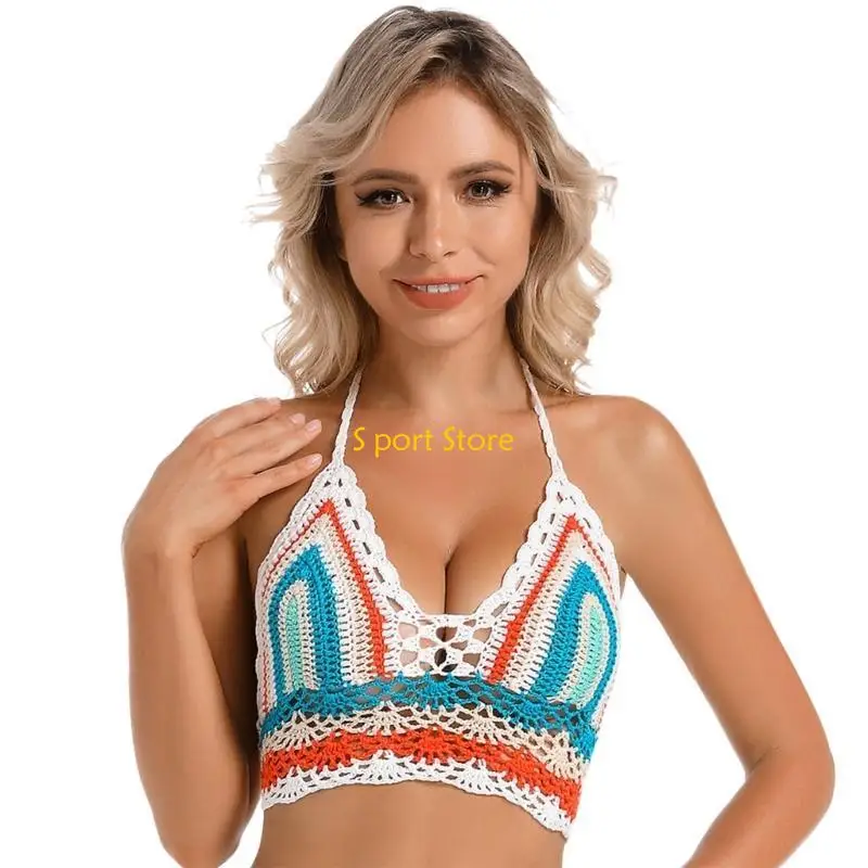U2JB Deep V Neck Crochet Crop Top Beach Crochet Padded Beach Wear Top